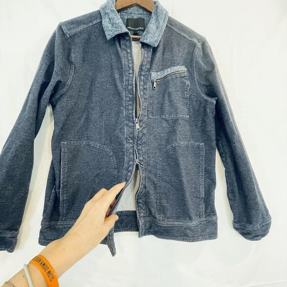 Banana Republic Jacket Mens Large Blue Knit‎ Bomber Full Zip Chest Pocket Casual